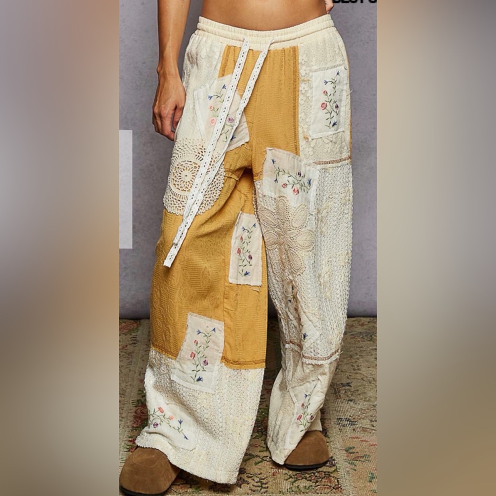 POL Patchwork Wide-Leg Pants - Cream and Tan or Mustard color.